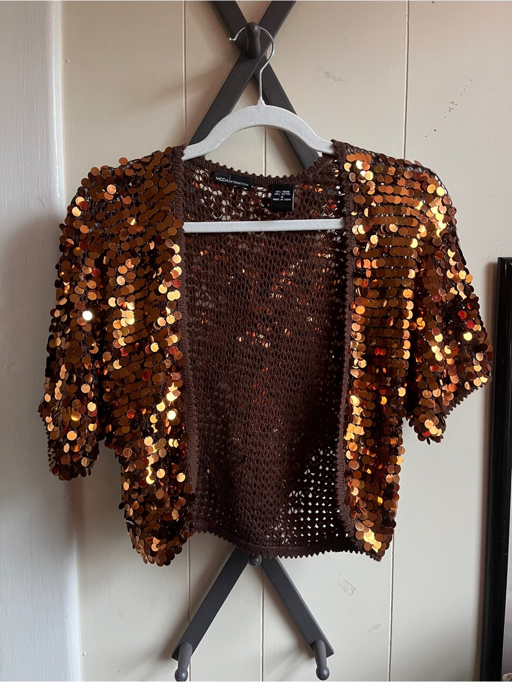 1990s Vintage Moda International Copper Sequin Short-Sleeve Cardigan
